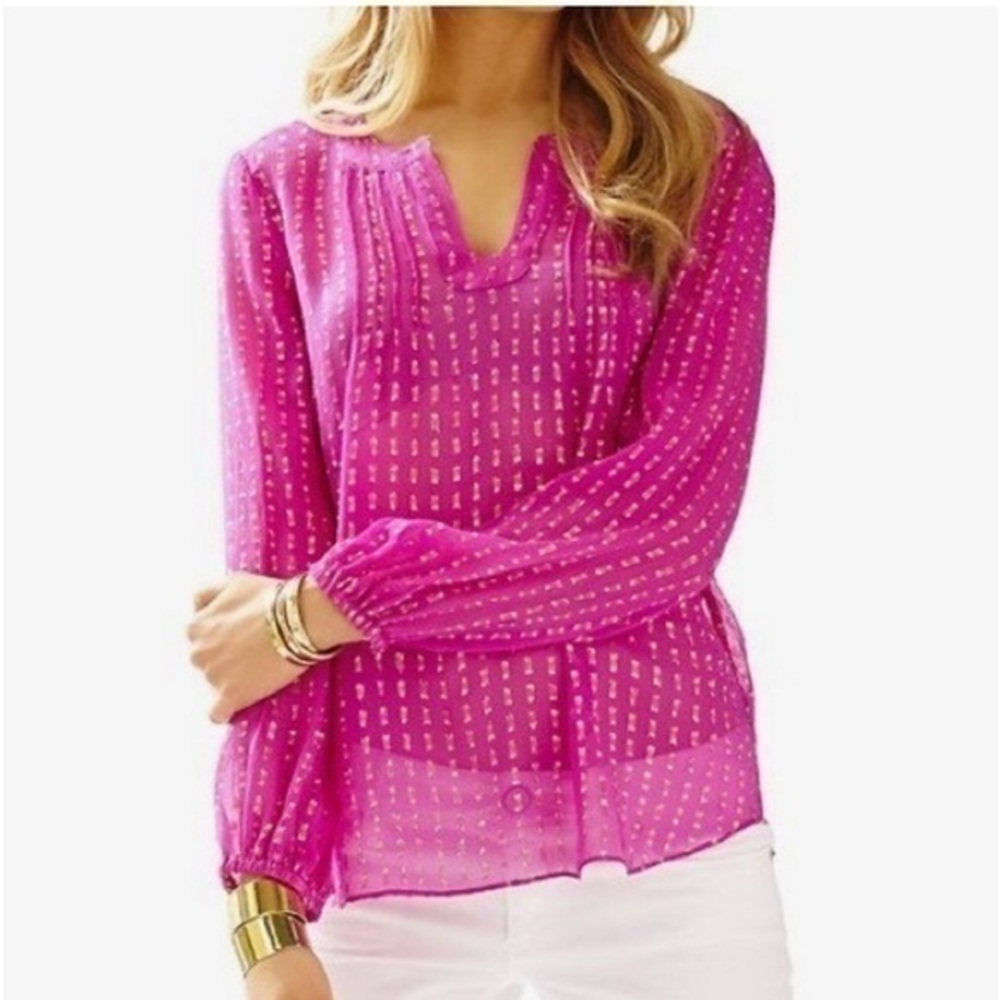 Lilly Pulitzer Colby Silk Pink Metallic Dot Top Sz XS